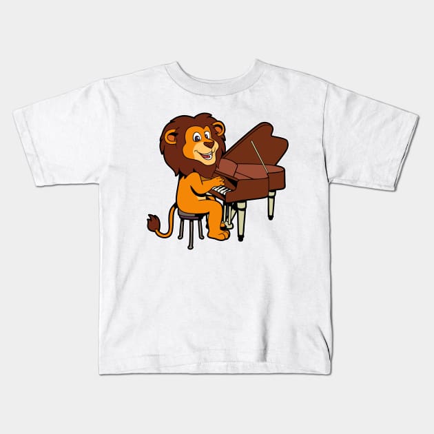 Cartoon lion playing the piano Kids T-Shirt by Modern Medieval Design